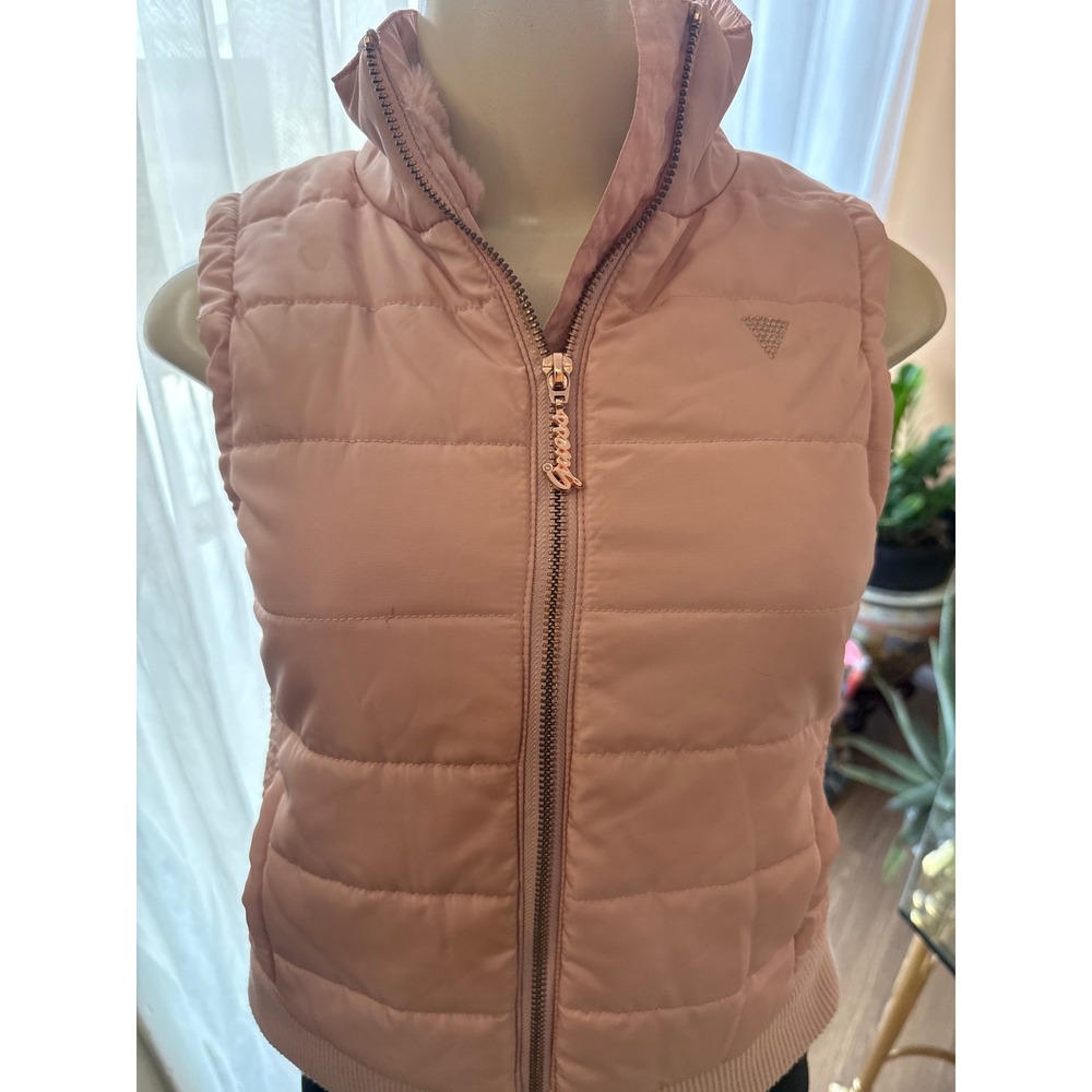 Guess Los Angeles Kids Pink Puffer Vest‎ Faux Fur Collar Zip Up Size 10